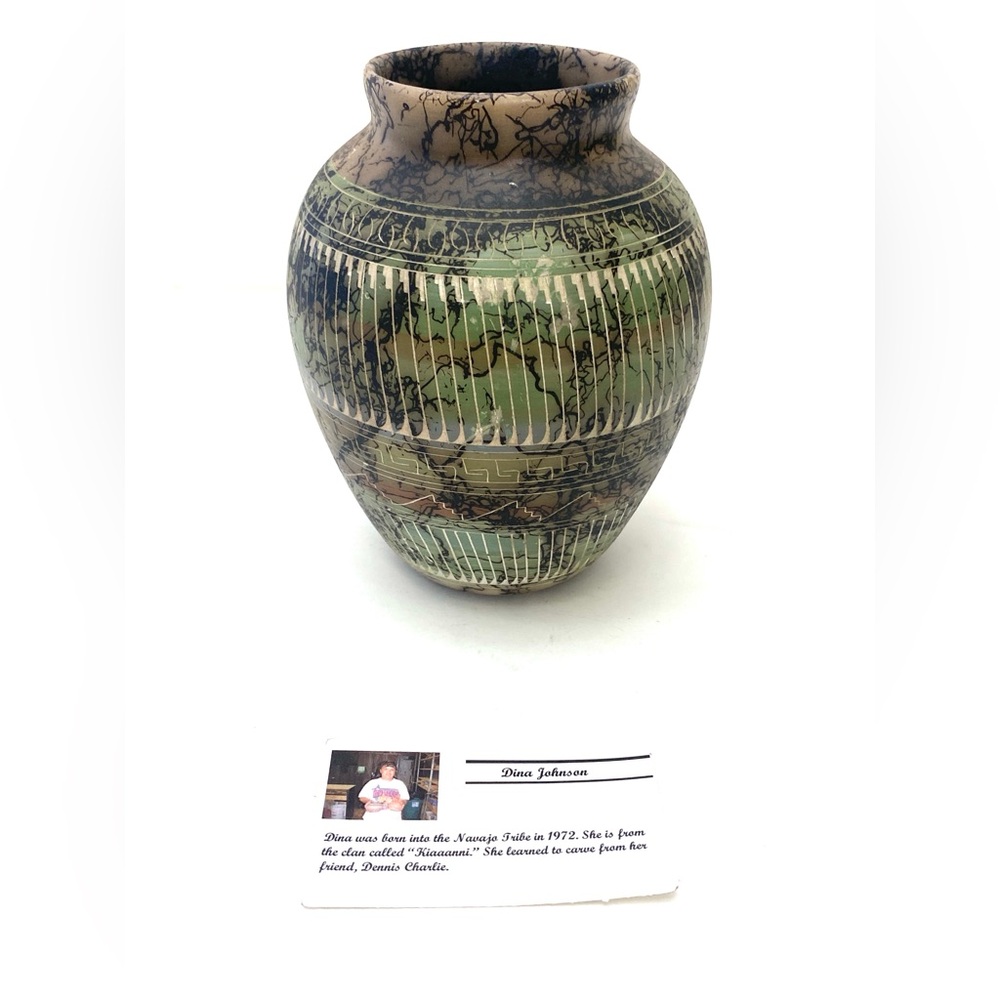 Dina Johnson Native American Navajo Indian Horse Hair Pottery Vase Artist Signed